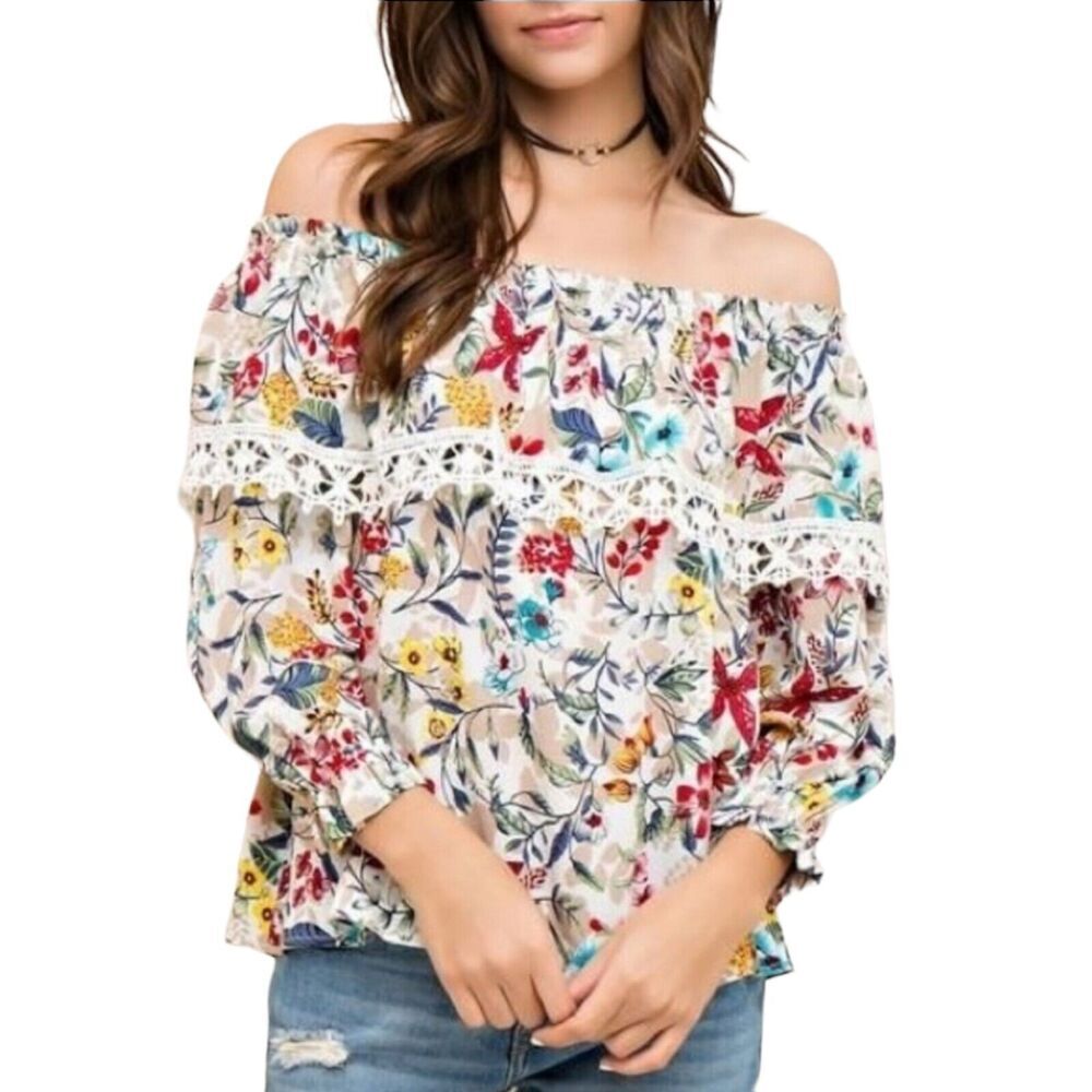 Entro Off Shoulder 3/4 Ballon Sleeve Ruffle Hem Multicolor Floral Top Size Small